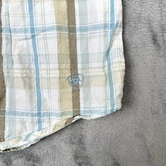 ARIAT Womens SZ Small Fitted Tan Blue Cream Plaid Embroidered Studded Snap Shirt - Picture 4 of 8